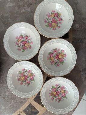 Porcelain Dessert Bowls with Pink & Yellow Rose Bouquet and Gold Trim